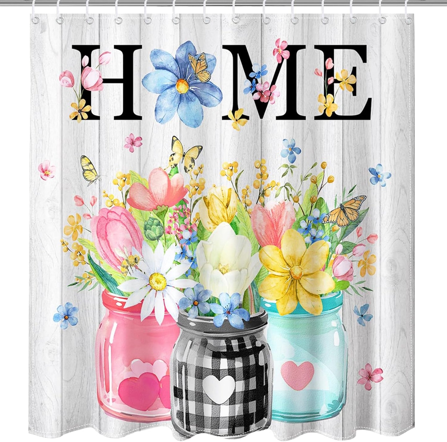 Spring Floral Shower Curtain for Bathroom, Pink Yellow Blue Butterfly and Flowers 72 X 72 Inch Waterproof Fabric Bath Curtain with Hooks (White, 72''X 72'')