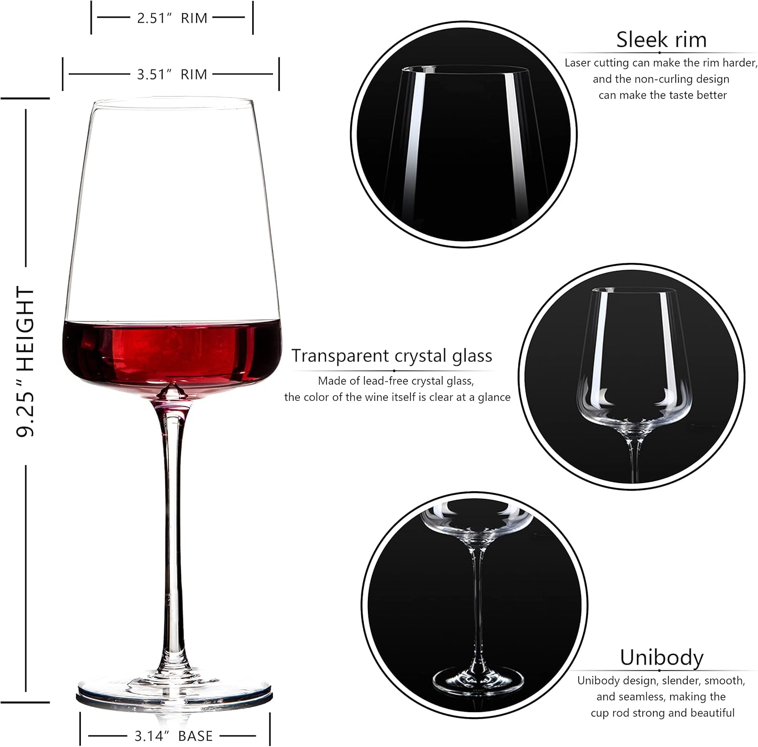 Hand Blown Red Wine Glasses Set of 4 – Premium Crystal Wine Glasses with Long Stem,19 Oz