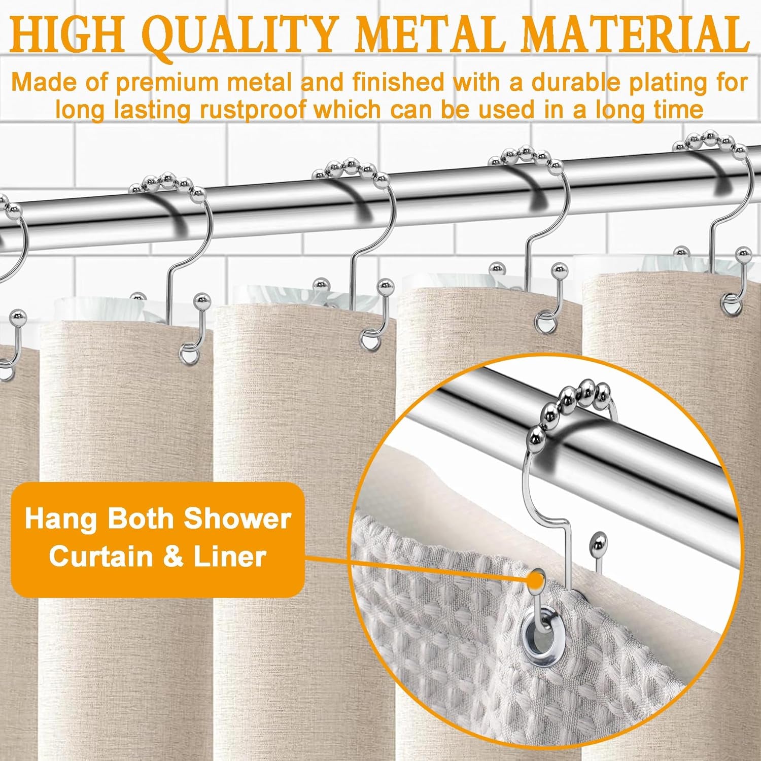 Shower Curtain Hooks,12 Pcs Rustproof Metal Shower Curtain Rings, Free Sliding Double Shower Hooks for Shower Curtain & Liners(Silver)