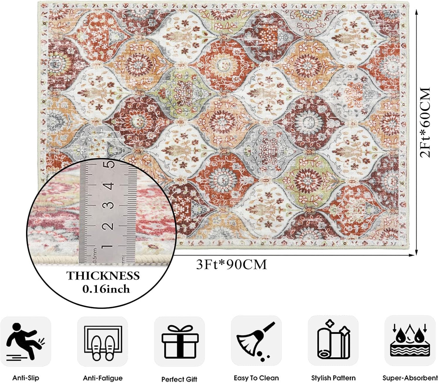 Moroccan Trellis Washable Rug, 2X3 Entryway Rug, Orange/Terracotta