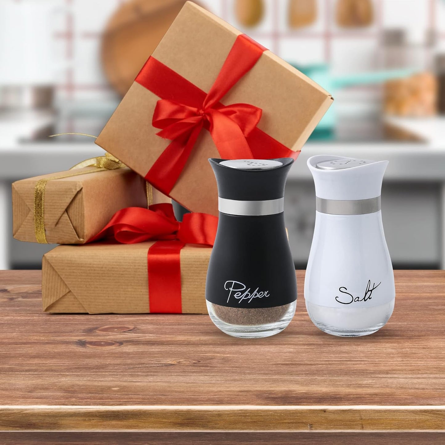 Salt and Pepper Shakers Set - Salt Containers for Kitchen Decor, 4 Oz Glass Bottom, Black and White, Set of 2