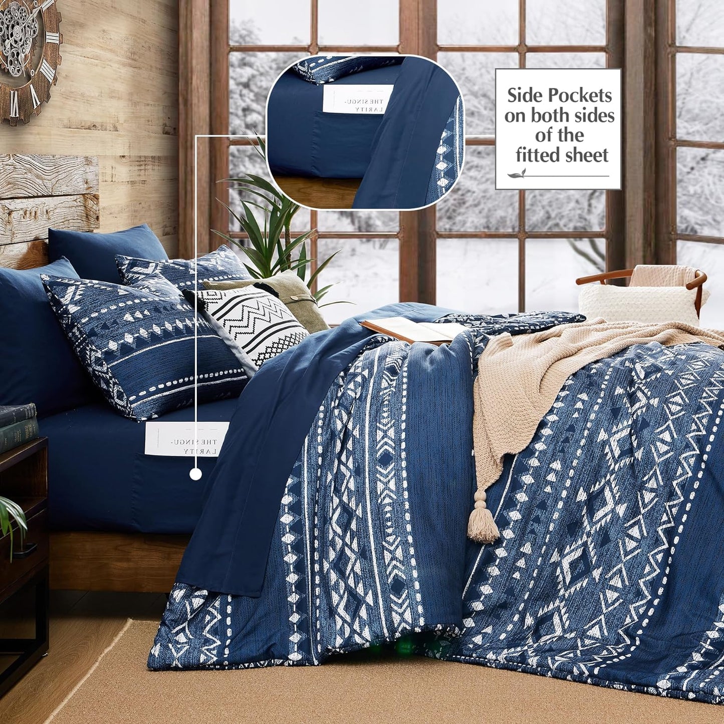 Twin Comforter Set - 5 Pieces Comforters, Warm Fluffy Boho Bedding (Blue, 66''X86'')