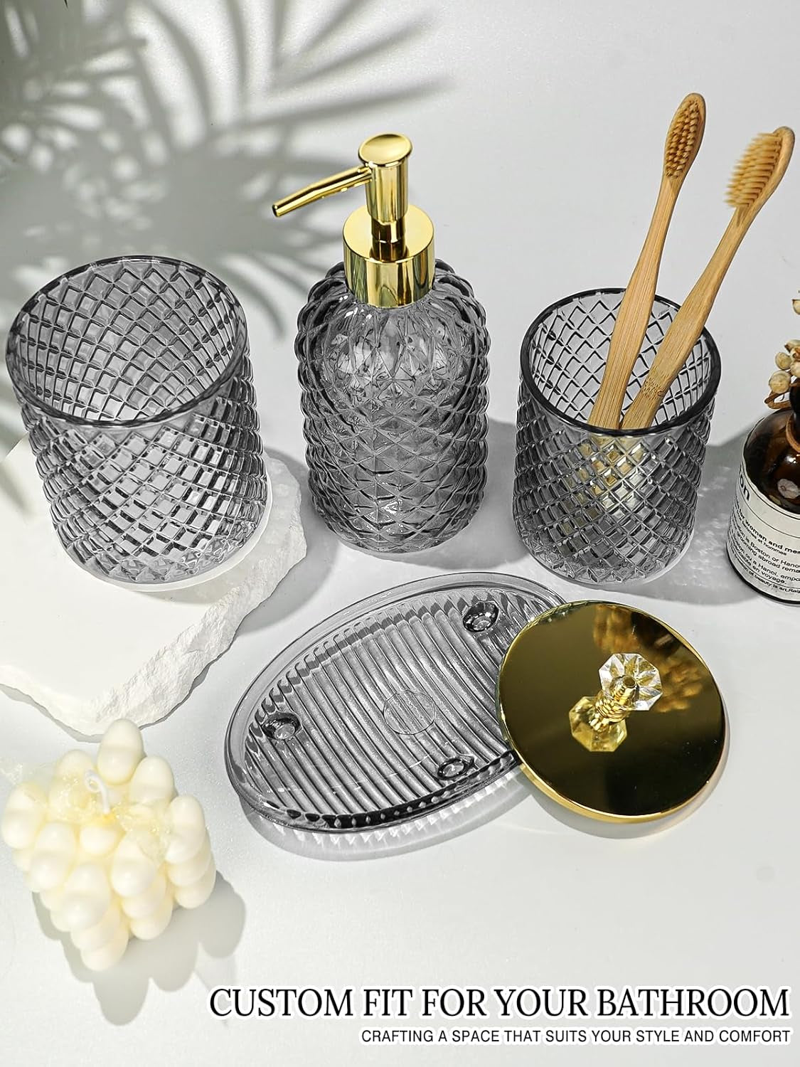 Gray Glass Bathroom Accessories Set, 4-Piece, Elegant Gold