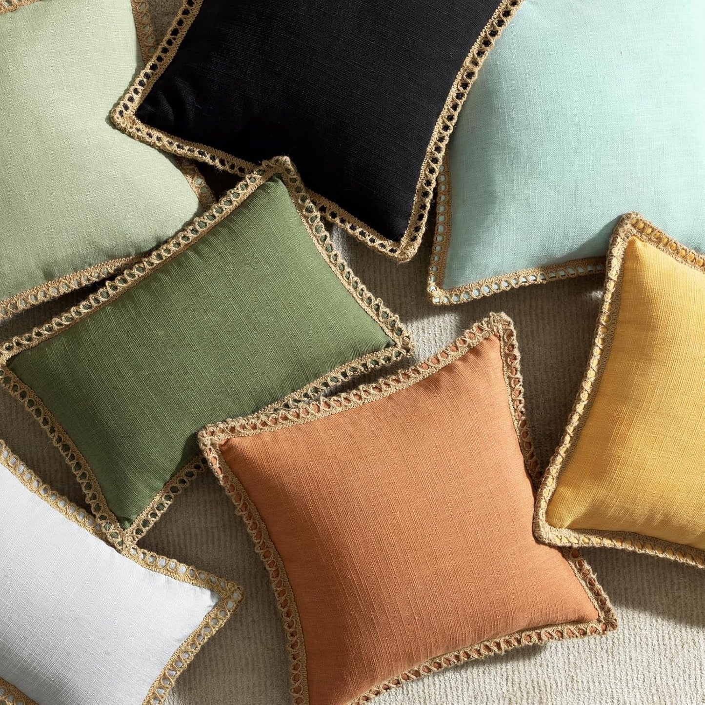 Pack of 2 Farmhouse Decorative Throw Pillow Cover Solid Burlap Linen Trimmed Tailored Edges, Olive Green, 20 X 20 Inches