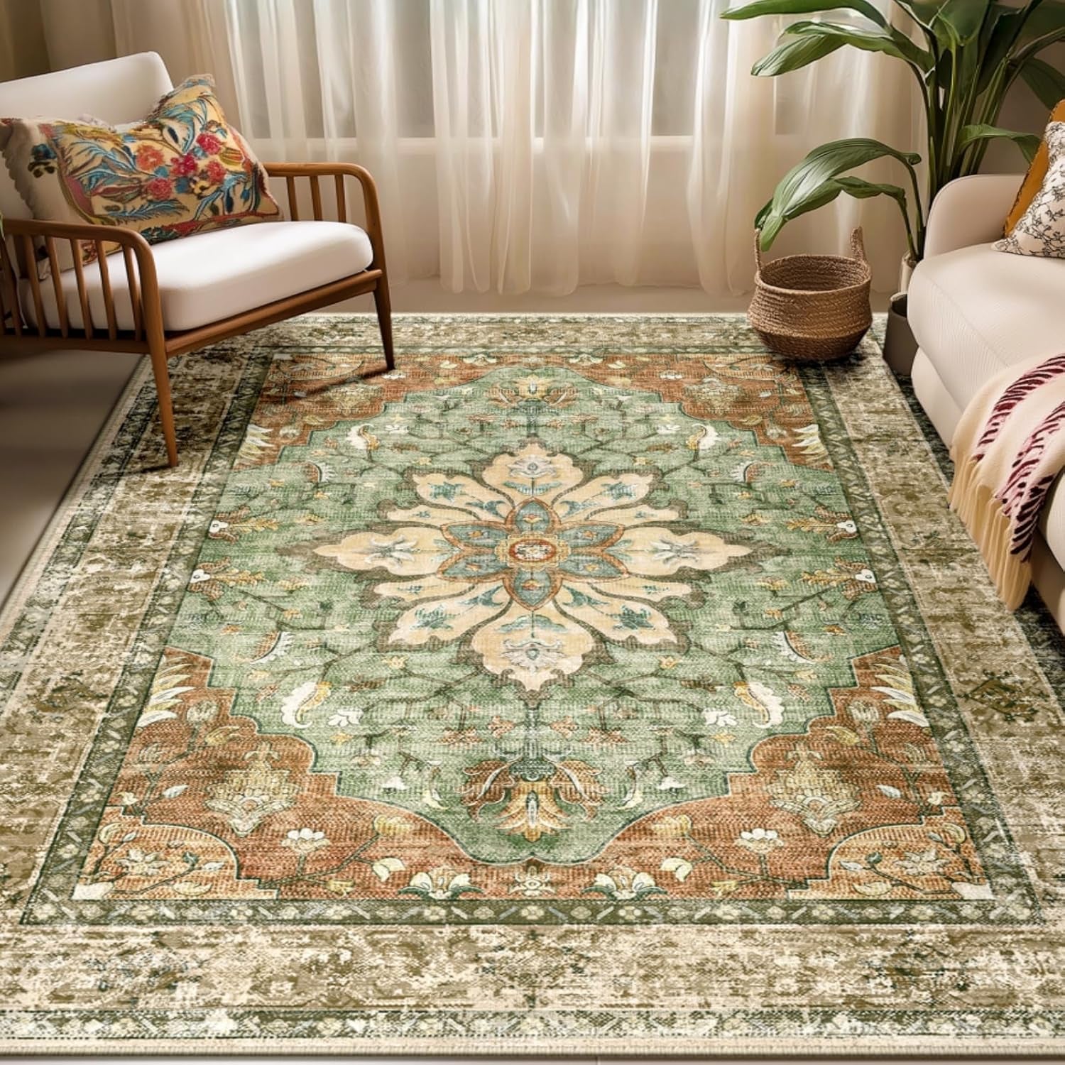 Area Rugs 5'X7' Washable Non-Slip, Floral Vintage Distress Print Pattern Medallion Carpet, Brick Red Rust Red Neutral