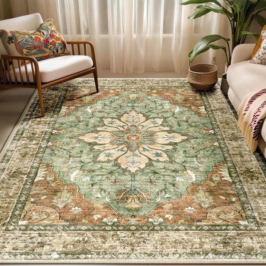 Area Rugs 5'X7' Washable Non-Slip, Floral Vintage Distress Print Pattern Medallion Carpet, Brick Red Rust Red Neutral