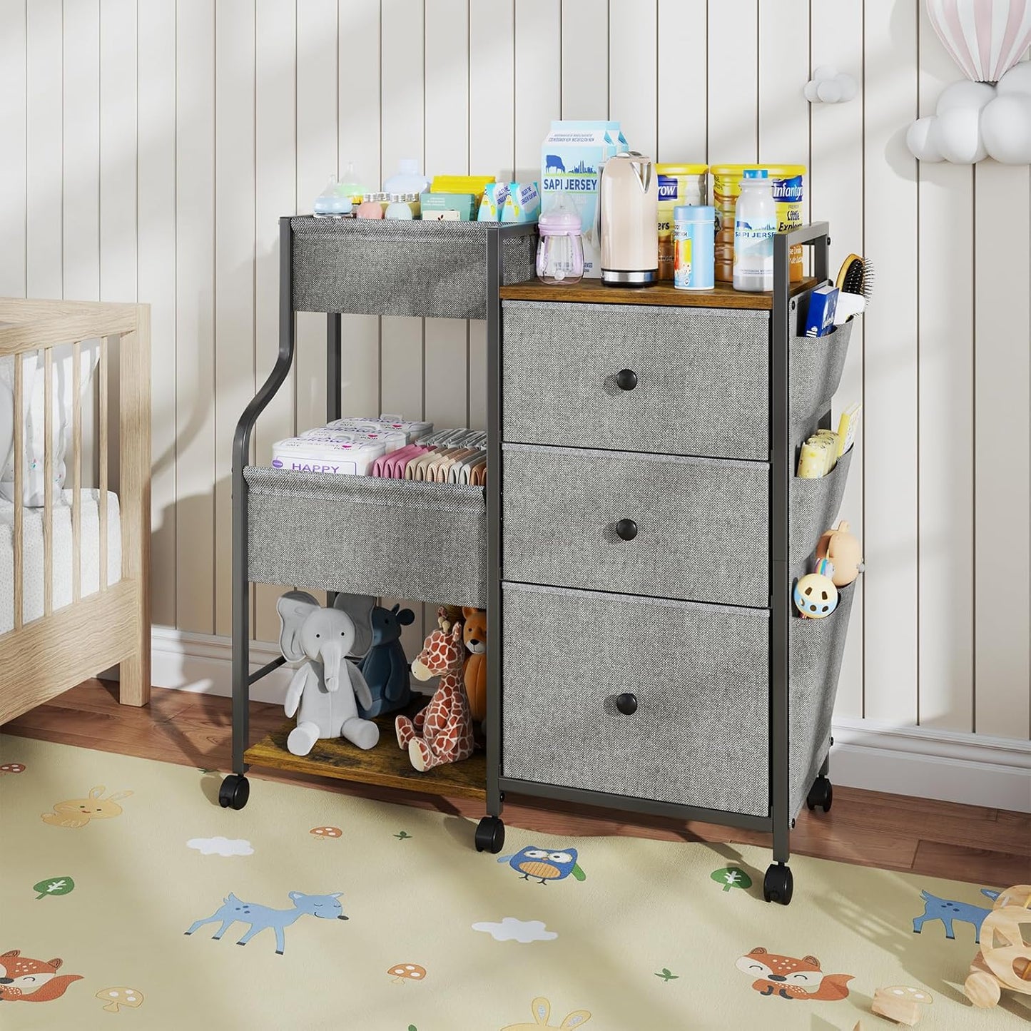 Baby Diaper Caddy, 3 Tier Baby Organizer and Storage Cart with Dividers and Drawers, Mobile Utility Rolling Cart, Grey