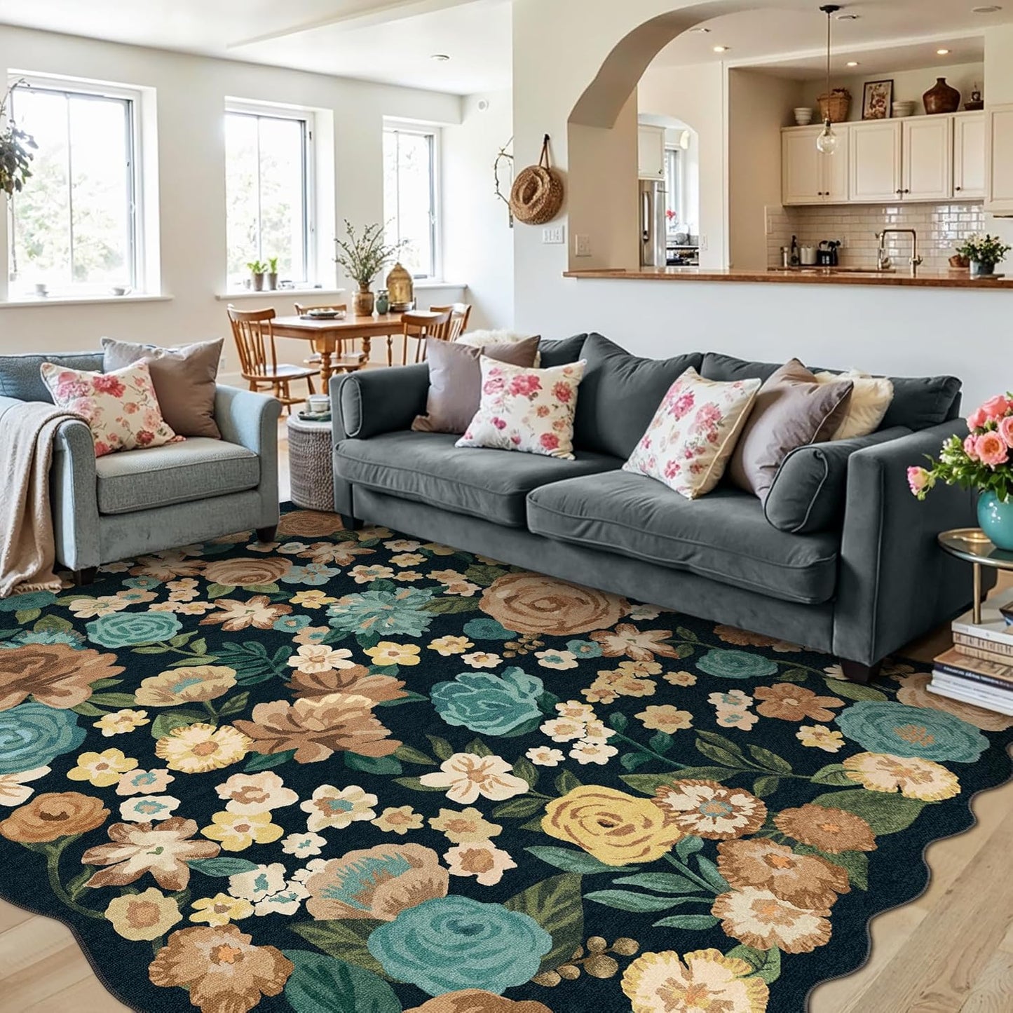 Washable Floral Area Rug 5X7 Black Living Room Carpet Scalloped Flower Non-Slip