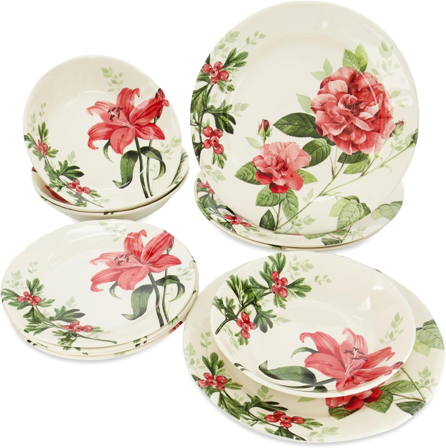 Tudor Royal 12-Piece round Porcelain Dinnerware Set, Service for 4, Rosemary, Summer Flowers