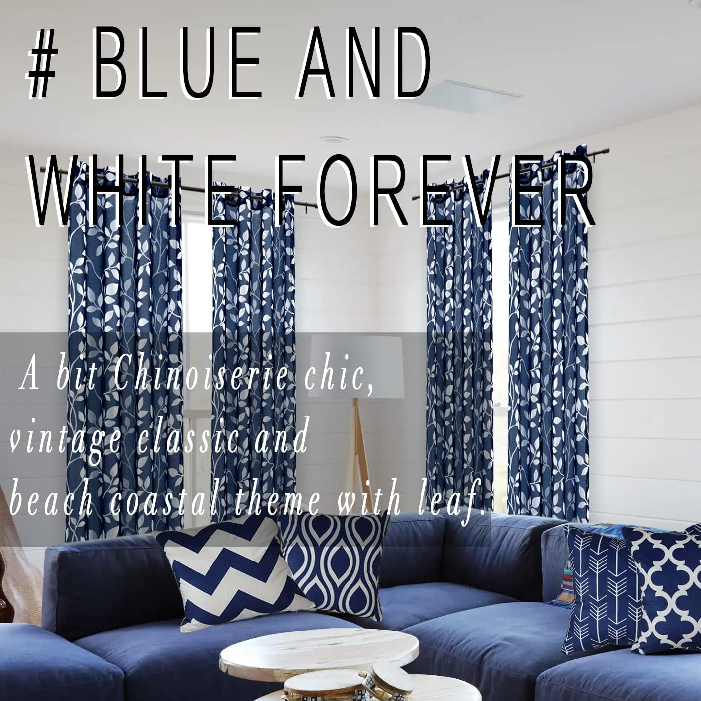 Navy Blue Pattern Curtains 84 Inch Length for Living Room 2 Panels Set,Leaf Floral Design Sheer Curtains