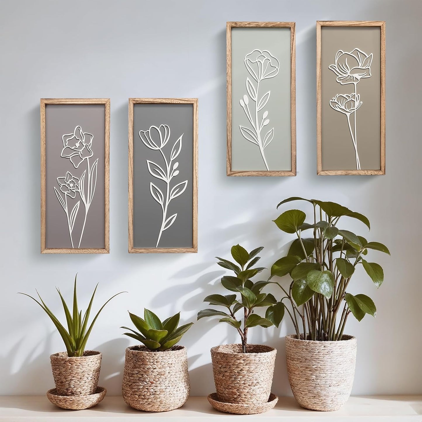 3D Wooden Floral Bathroom Wall Decor (Set of 4) Lightweight, Ready-To-Hang Framed Wall Art for Bedroom - Premium Boho Botanical Farmhouse Decorations