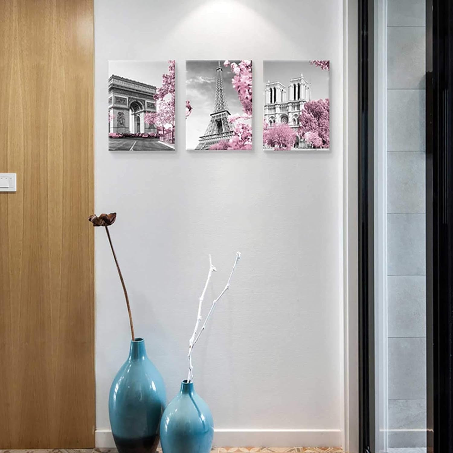 Paris Eiffel Tower Wall Decor Pink, Black, and White Pictures, Framed, Size 12X16 Each Panel