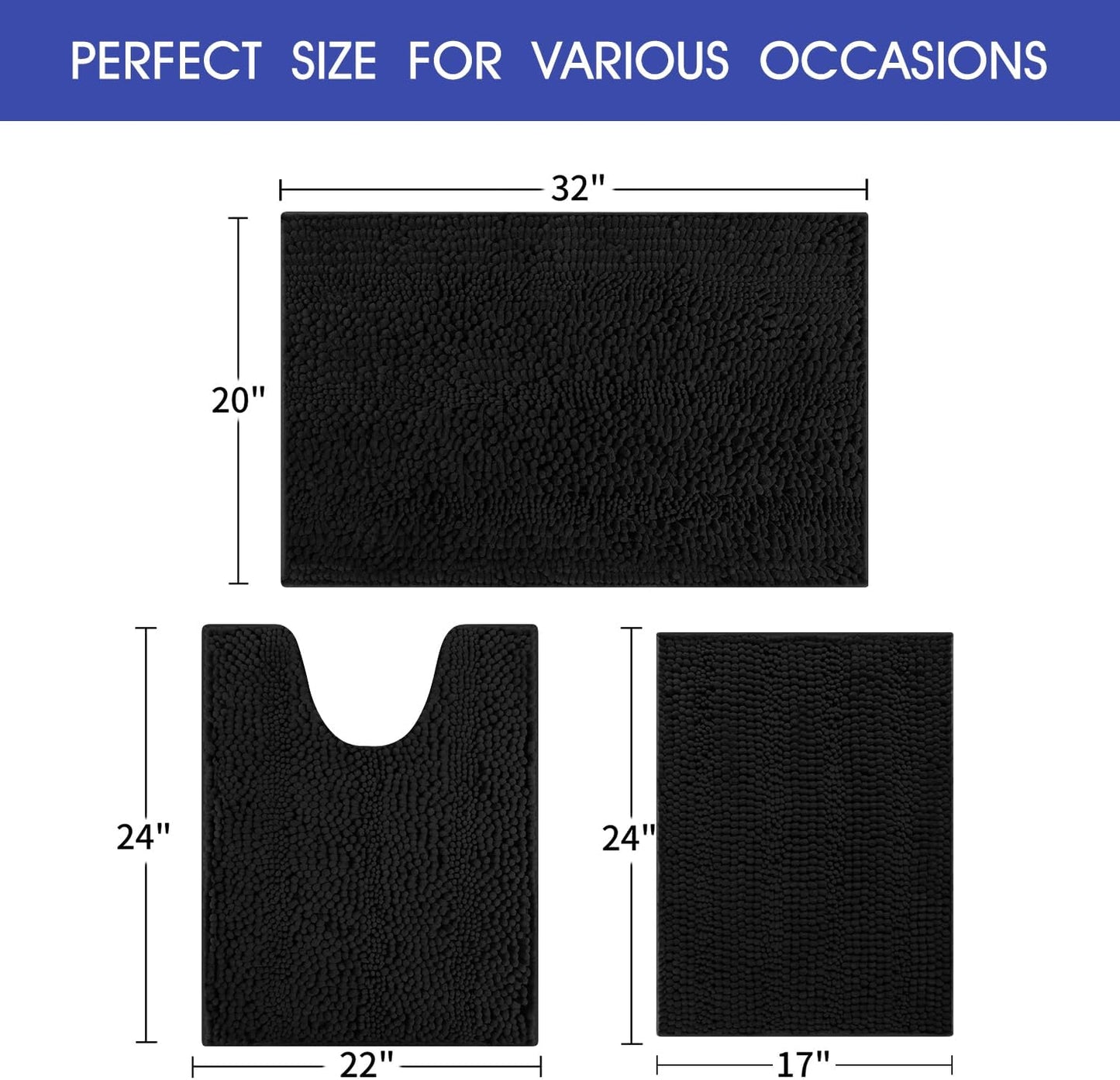 Striped, Black Bathroom Rug Set 3 Pieces Ultra Soft, Non-Slip Chenille Toilet Mat, Absorbent Plush Shaggy