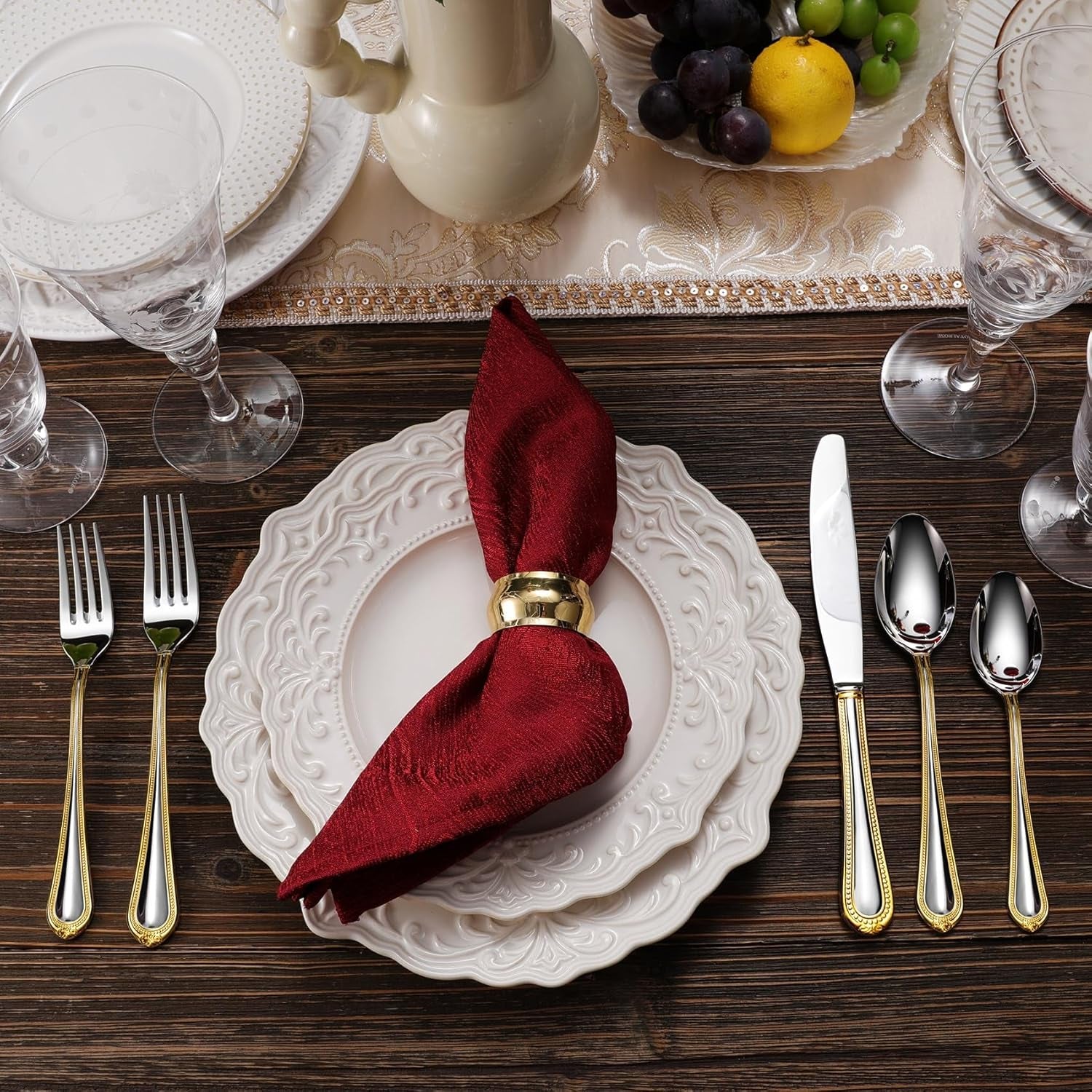 Pearl Edge Premium 20-Piece Refined Bead Silverware Set, (20, Gold Accent)