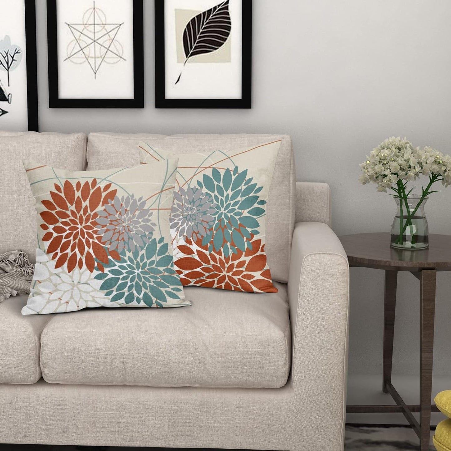 Orange Aqua Throw Pillow Covers 16X16 Dahlia Flower White Gray Elegant Colored, Set of 2