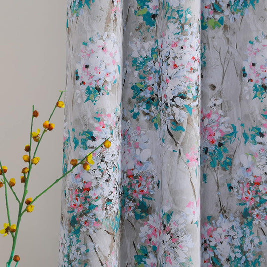 Floral Blackout Curtains 84 Inches Long 2 Panels Pink and Blue Floral Thermal Insulated Ink Vintage Flower Printed