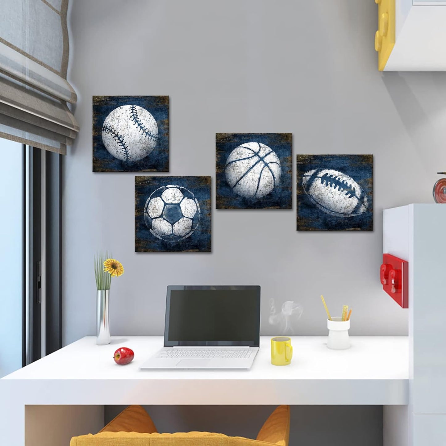 Navy Blue Sports Wall Art Décor for Teenagers Boy Room Decor 12X12Inchx4 Piece