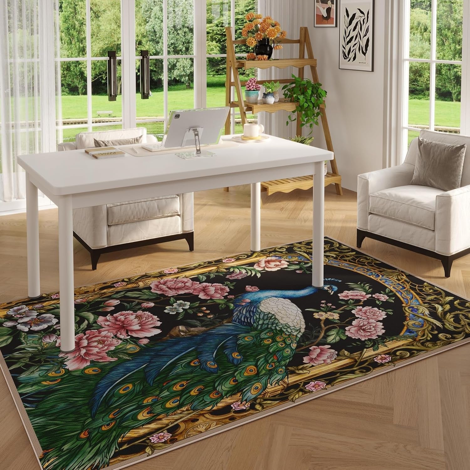 Bedroom Rug 3X5 Rug Washable Area Rug Floral Peacock, College Dorm (Black)