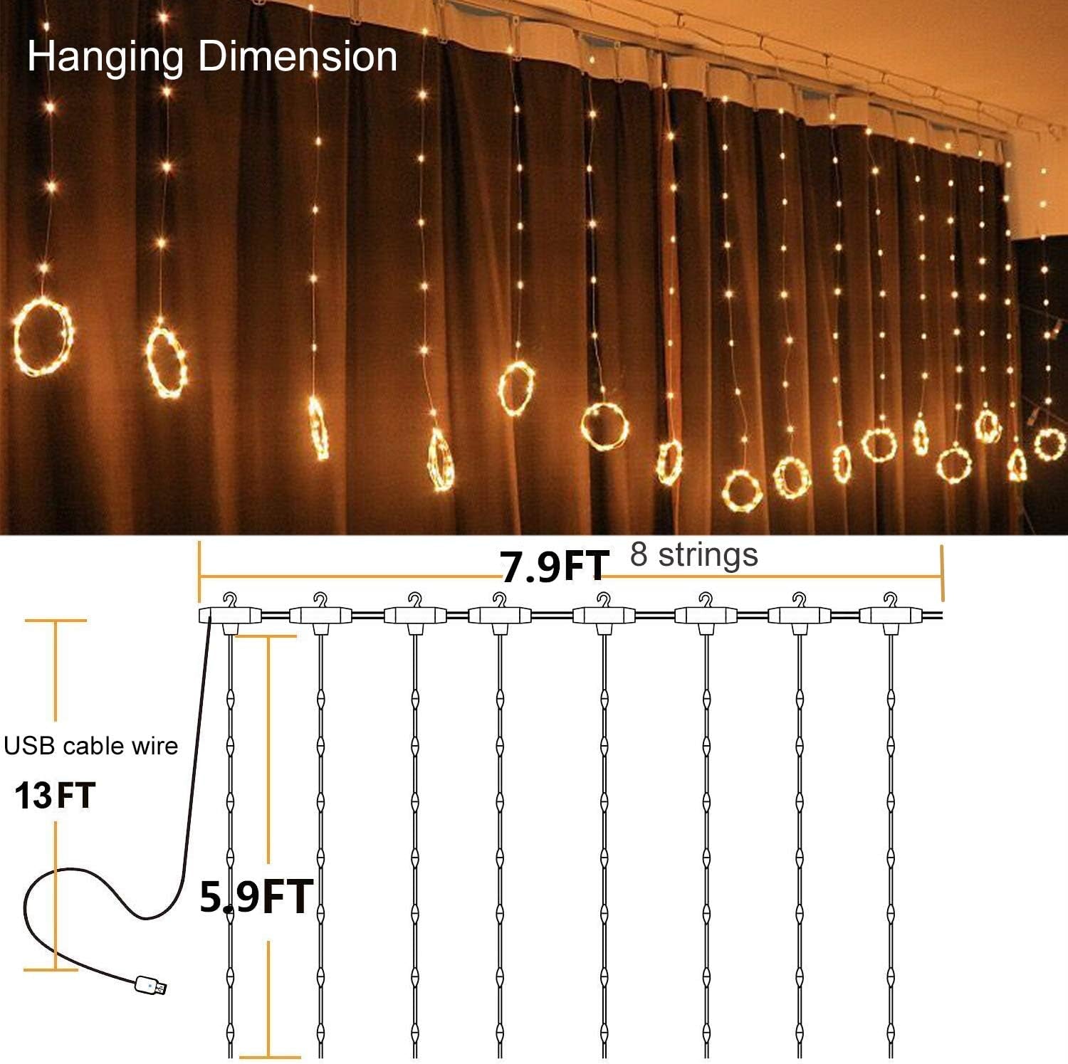 String Lights Curtains Powered Fairy Lights ,8 Lighting Modes & IP64 Waterproof (Warm White)