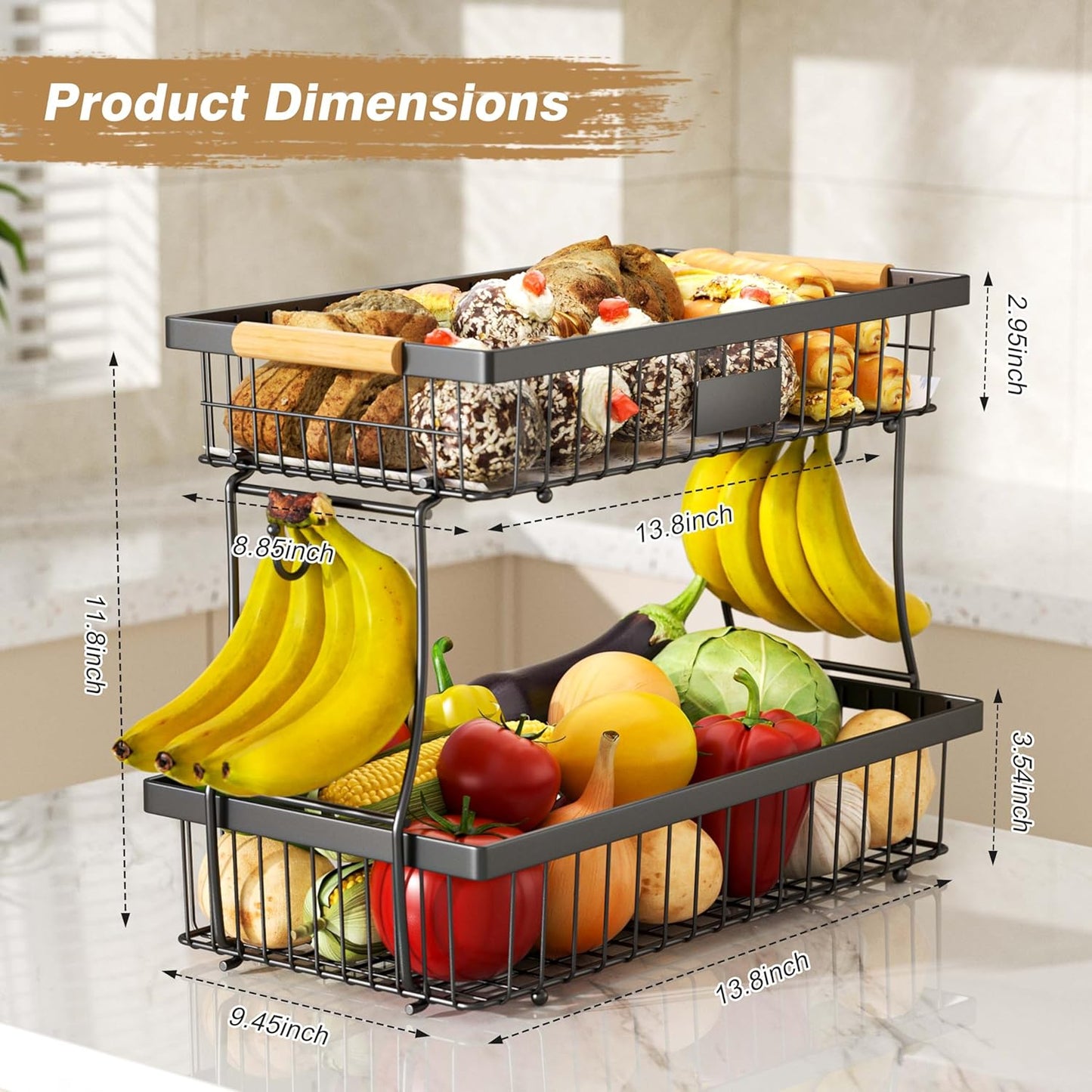 2 Tier Fruit Basket for Kitchen Counter, Wire Tiered Fruit Stand with Hangers & Handles, Black
