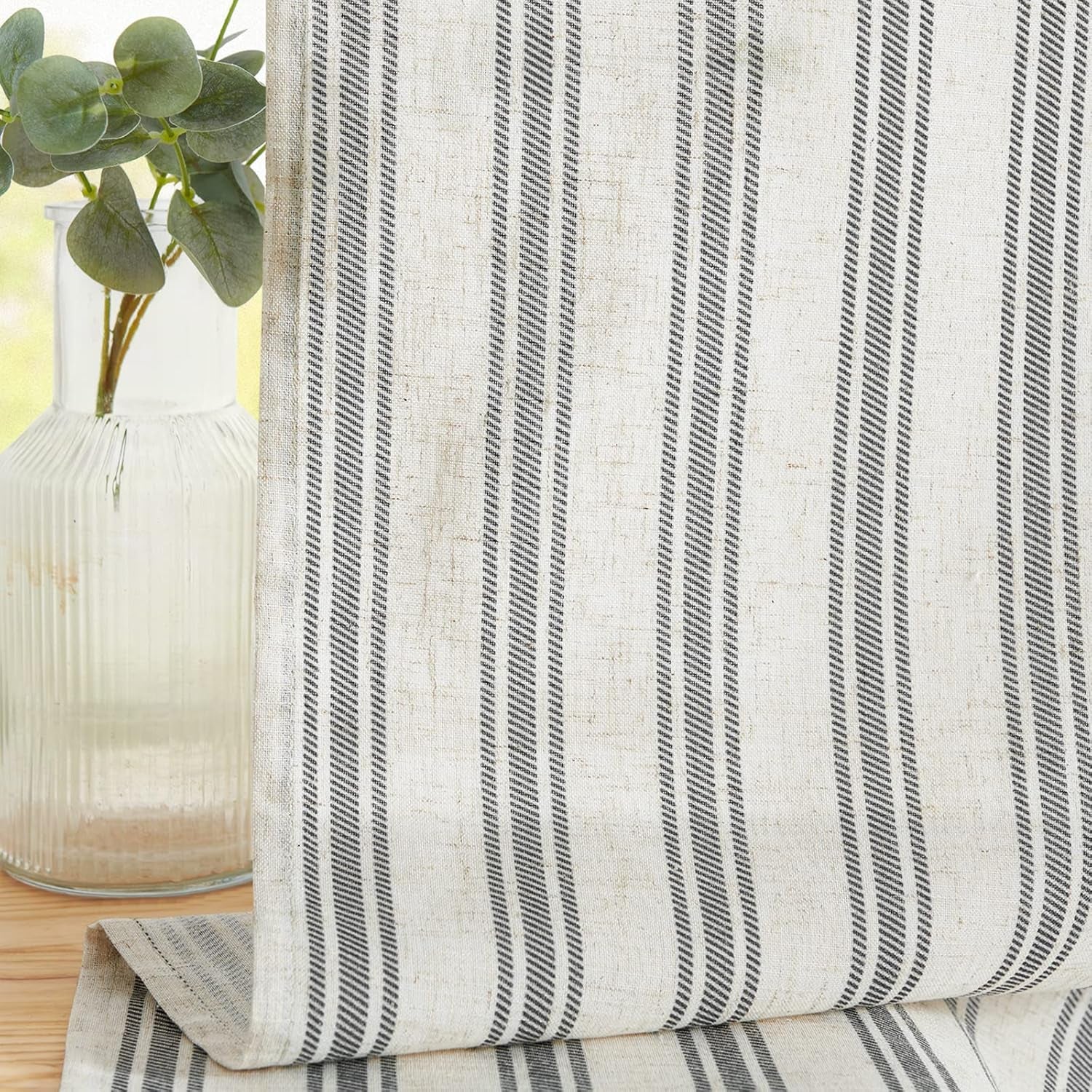 Linen Striped Kitchen Curtains 24 Inch Farmhouse Small Cafe Curtains Balanced Stripe Half Window, 2 Panels Black on Beige
