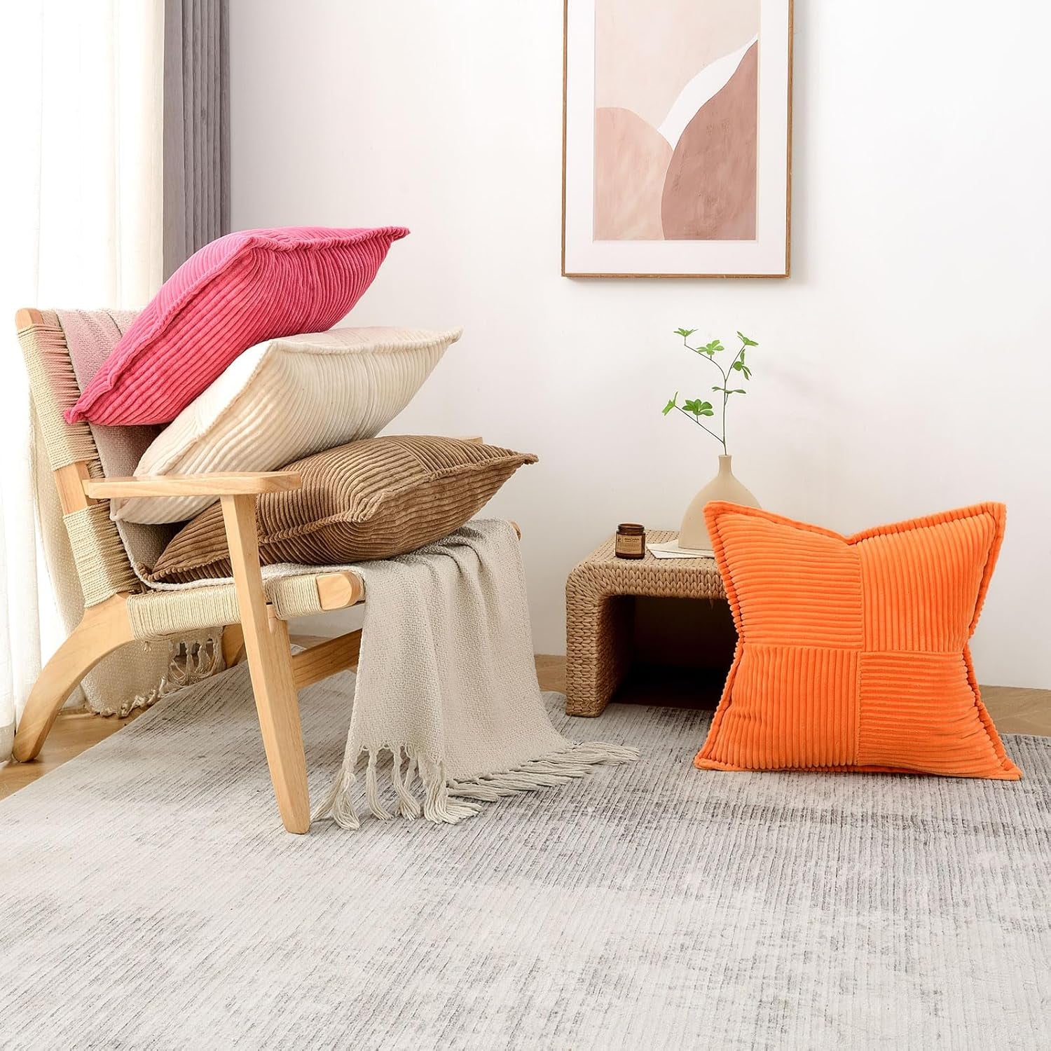 Hot Pink Throw Pillow Covers 18X18 Inch Set of 2, Soft Solid Corduroy Striped