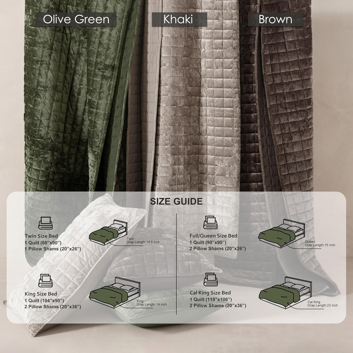 Channel Box Stitch Velvet Quilt Bedding Set, Queen, Olive Green