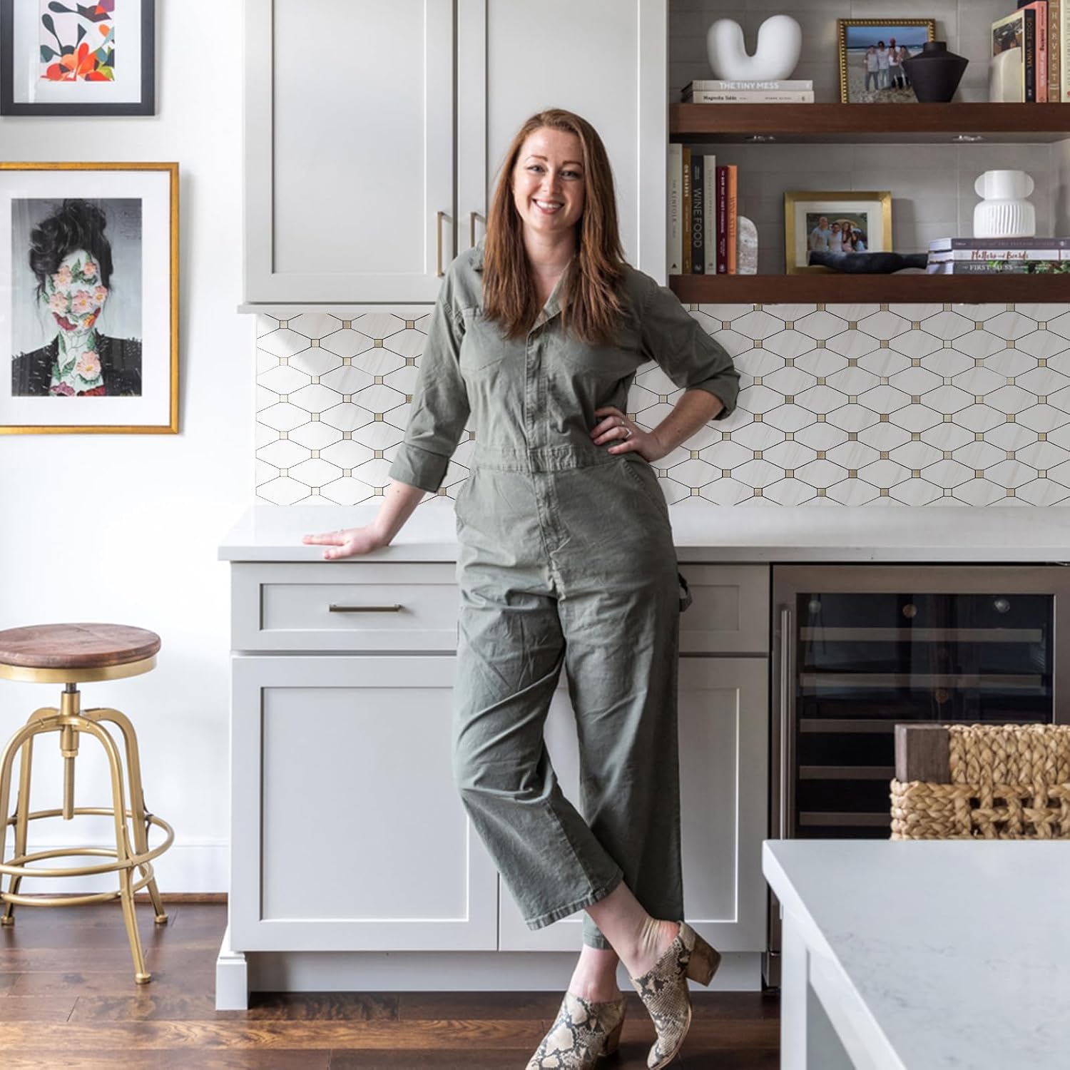 Peel and Stick Wall Tiles, Polished Dolomite PVC Mixed Metal Gold Kitchen Backsplash, Stick on Wall Tiles, 10 Sheets