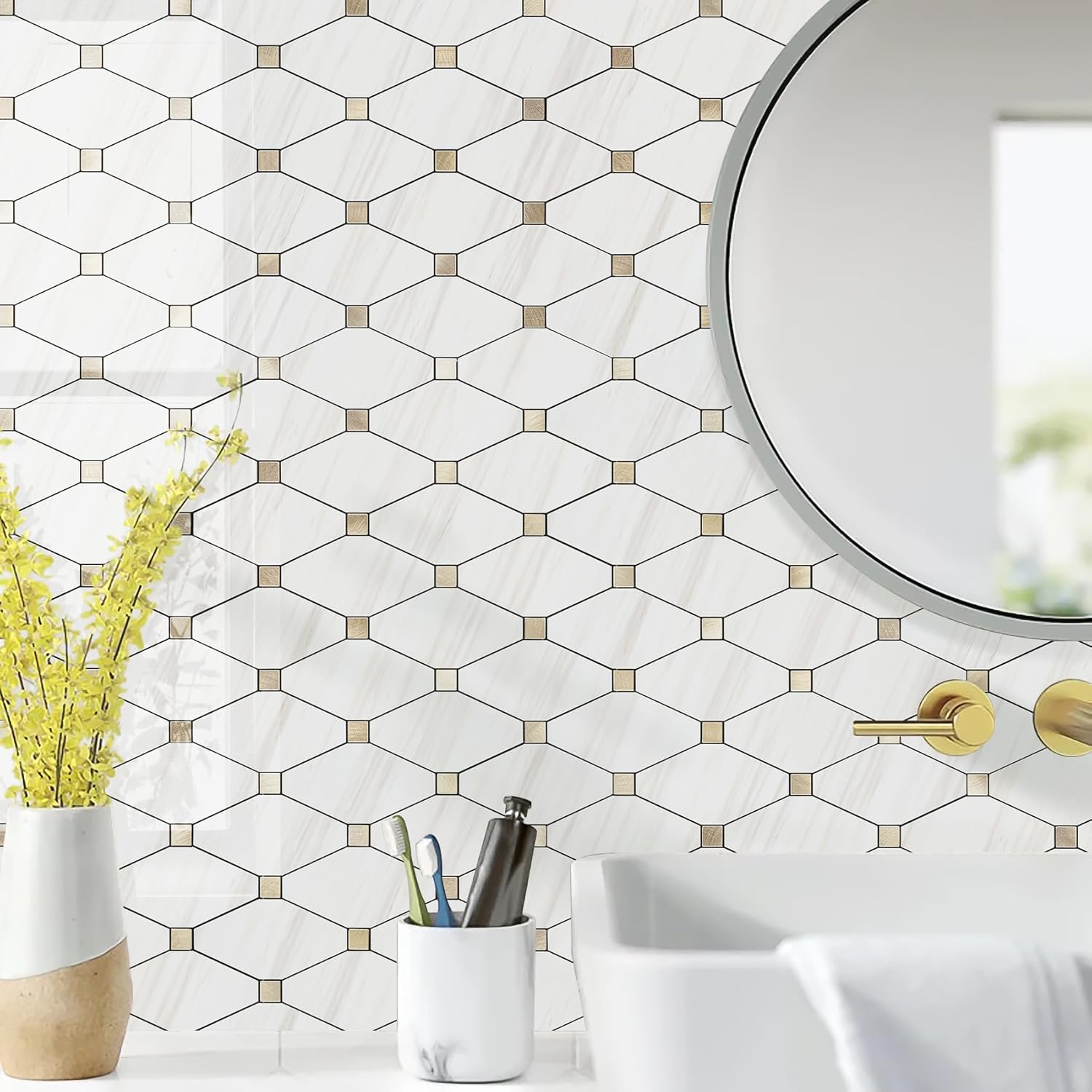 Peel and Stick Wall Tiles, Polished Dolomite PVC Mixed Metal Gold Kitchen Backsplash, Stick on Wall Tiles, 10 Sheets