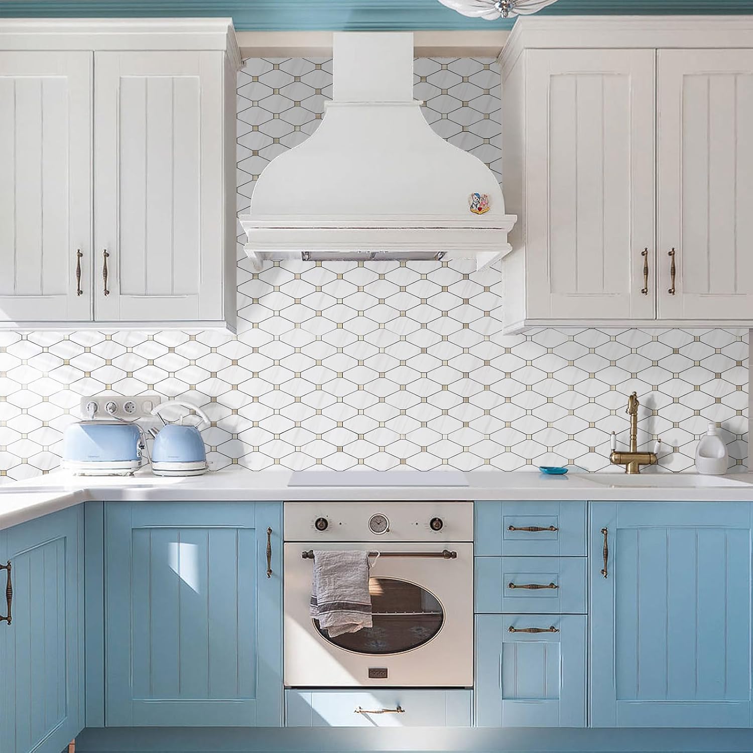 Peel and Stick Wall Tiles, Polished Dolomite PVC Mixed Metal Gold Kitchen Backsplash, Stick on Wall Tiles, 10 Sheets