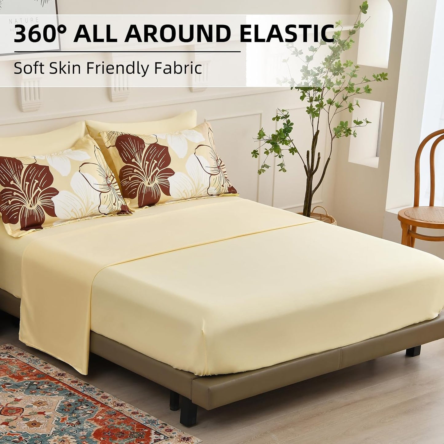 Floral Comforter Set King Size, 7 Pieces Bed in a Bag Burgundy Floral Print on Beige Comforter