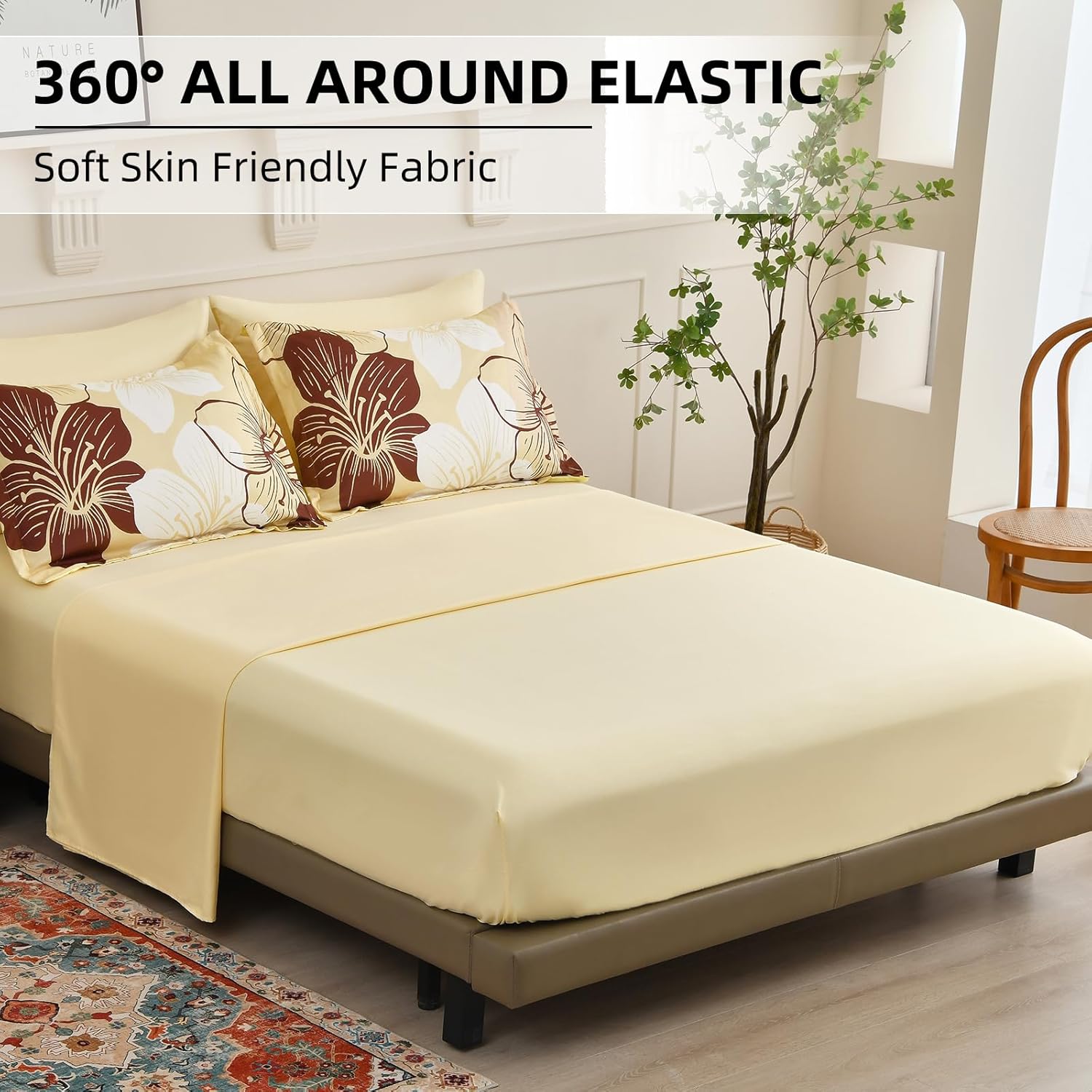 Floral Comforter Set King Size, 7 Pieces Bed in a Bag Burgundy Floral Print on Beige Comforter