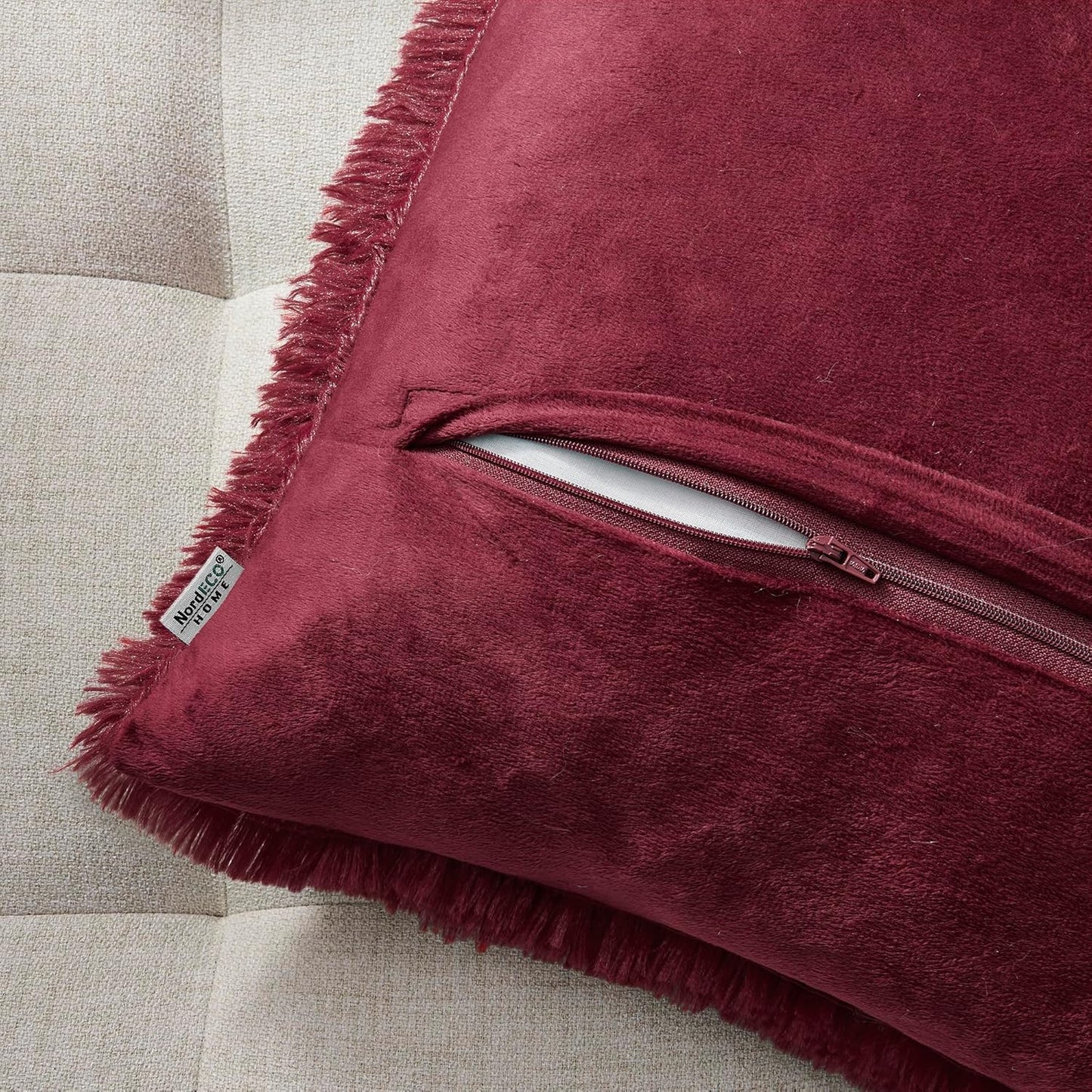 Luxury Soft Faux Fur Fleece Cushion Cover Pillowcase, 20" X 20" Inch, Wine Red, 2 Pack
