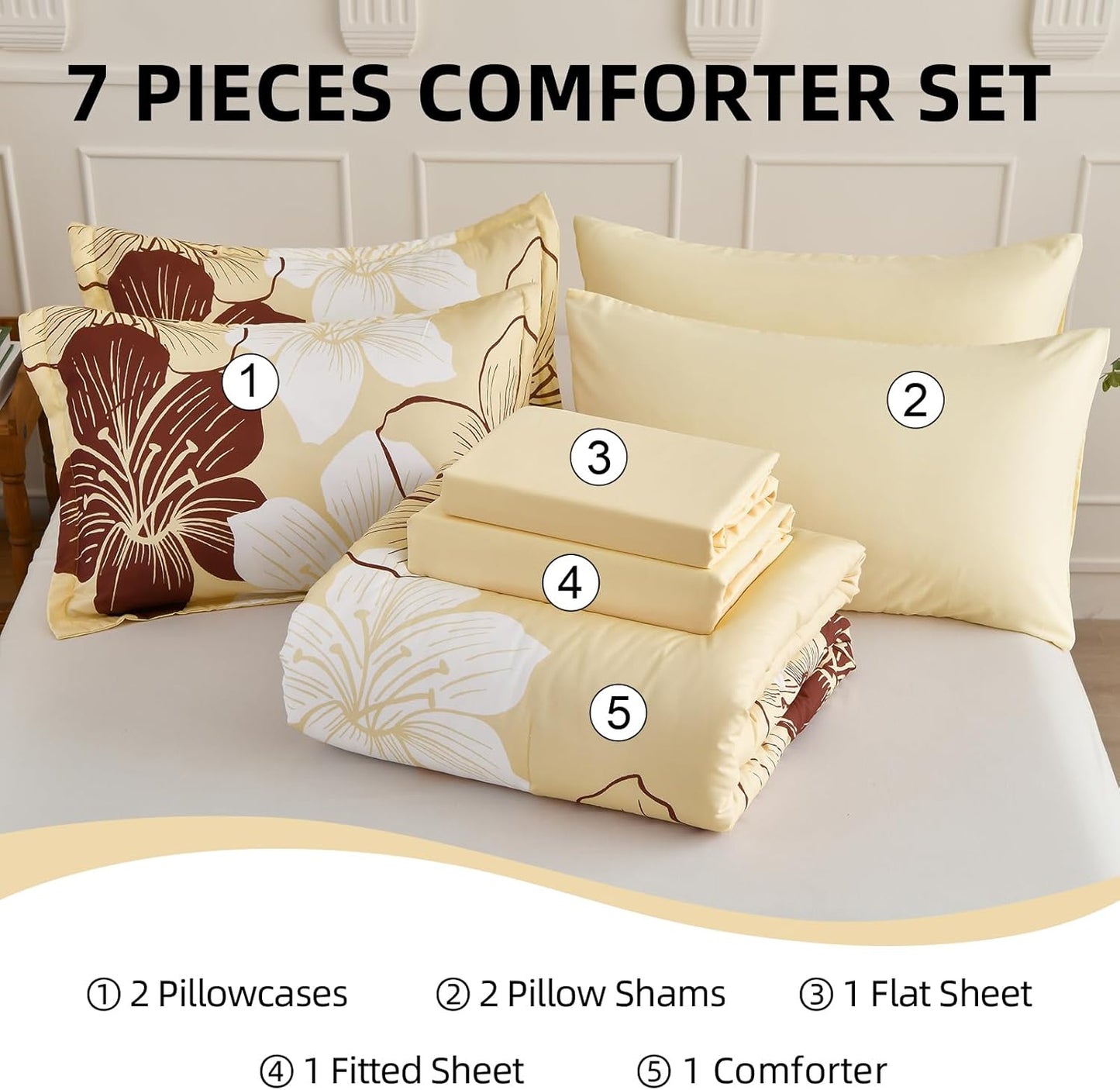 Floral Comforter Set King Size, 7 Pieces Bed in a Bag Burgundy Floral Print on Beige Comforter