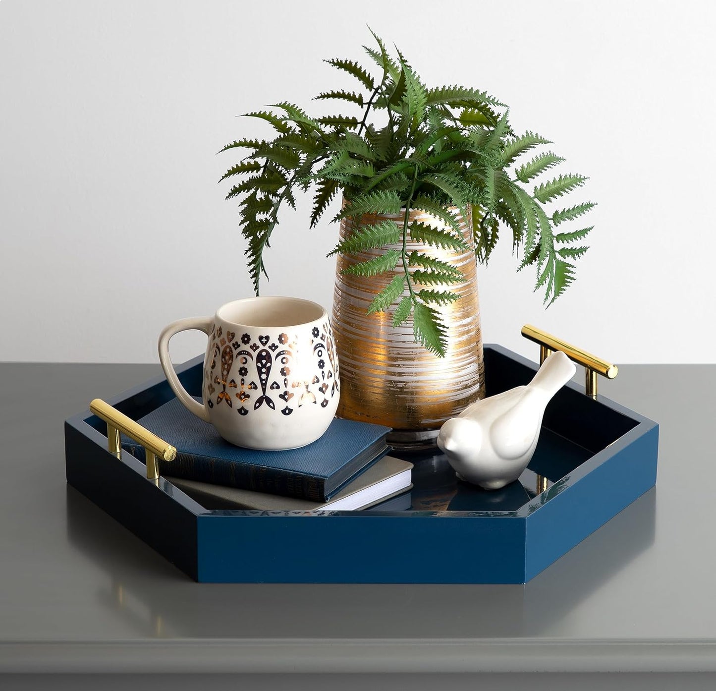Lipton Hexagon Decorative Tray with Polished Metal Handles, Navy Blue and Gold