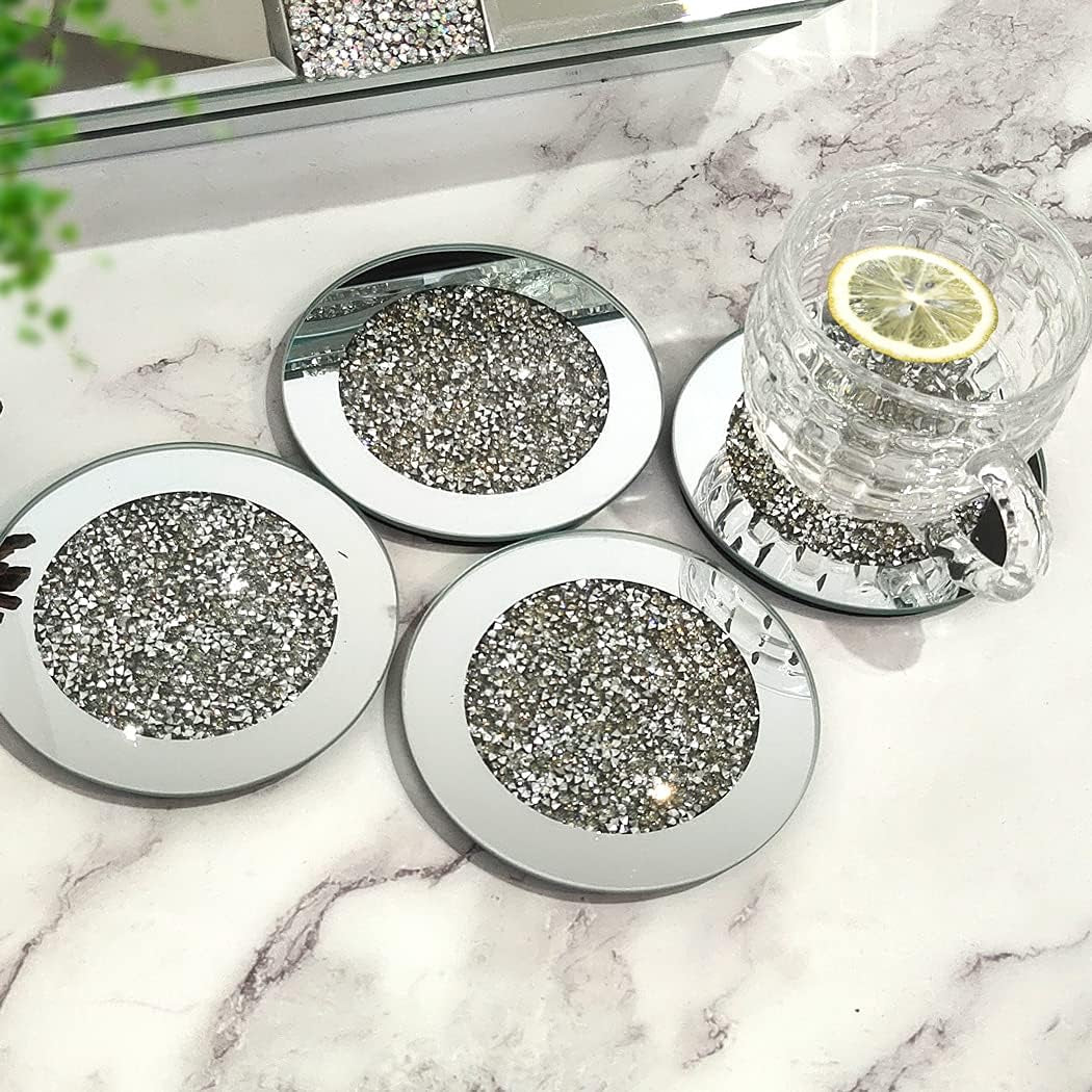 Crushed Diamond Glass Mirrored Coaster round 4", 4pc