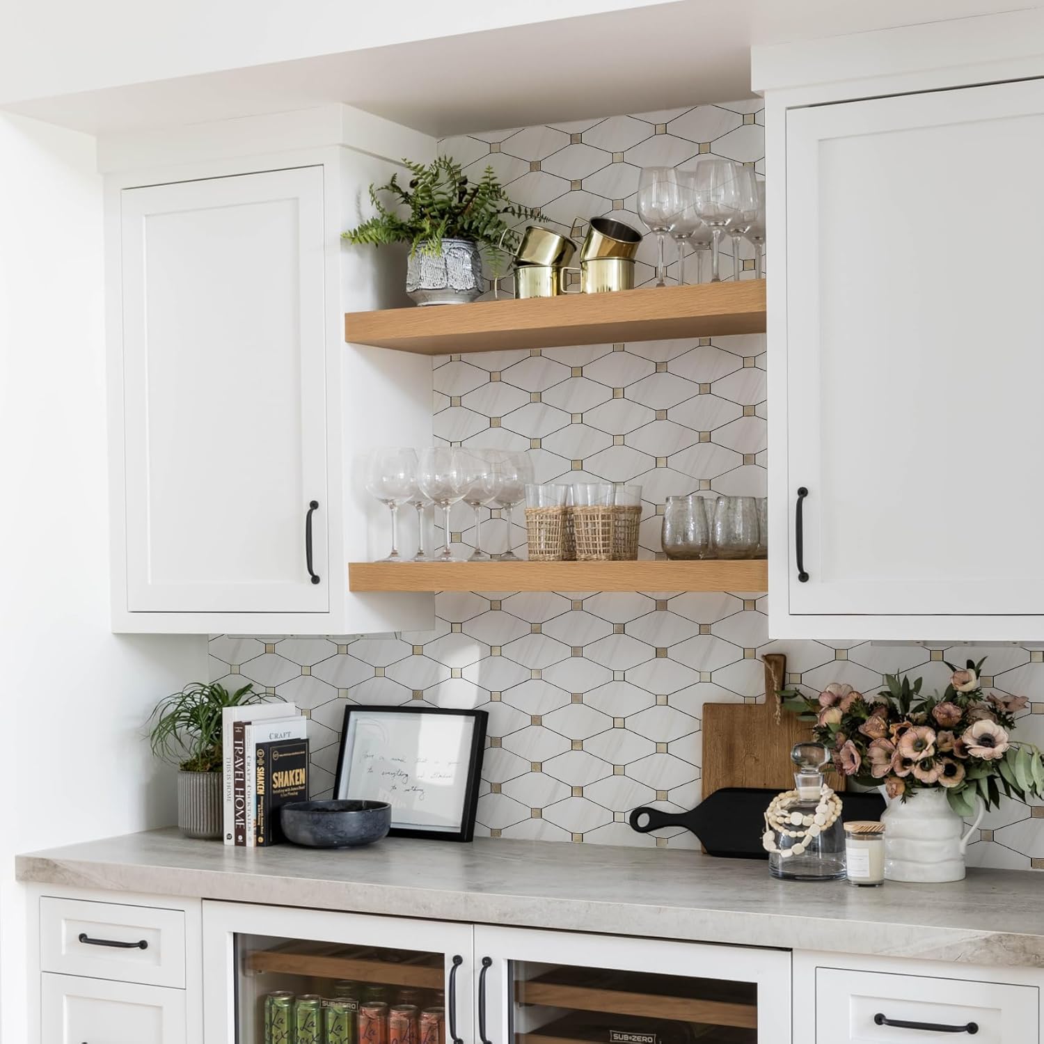 Peel and Stick Wall Tiles, Polished Dolomite PVC Mixed Metal Gold Kitchen Backsplash, Stick on Wall Tiles, 10 Sheets