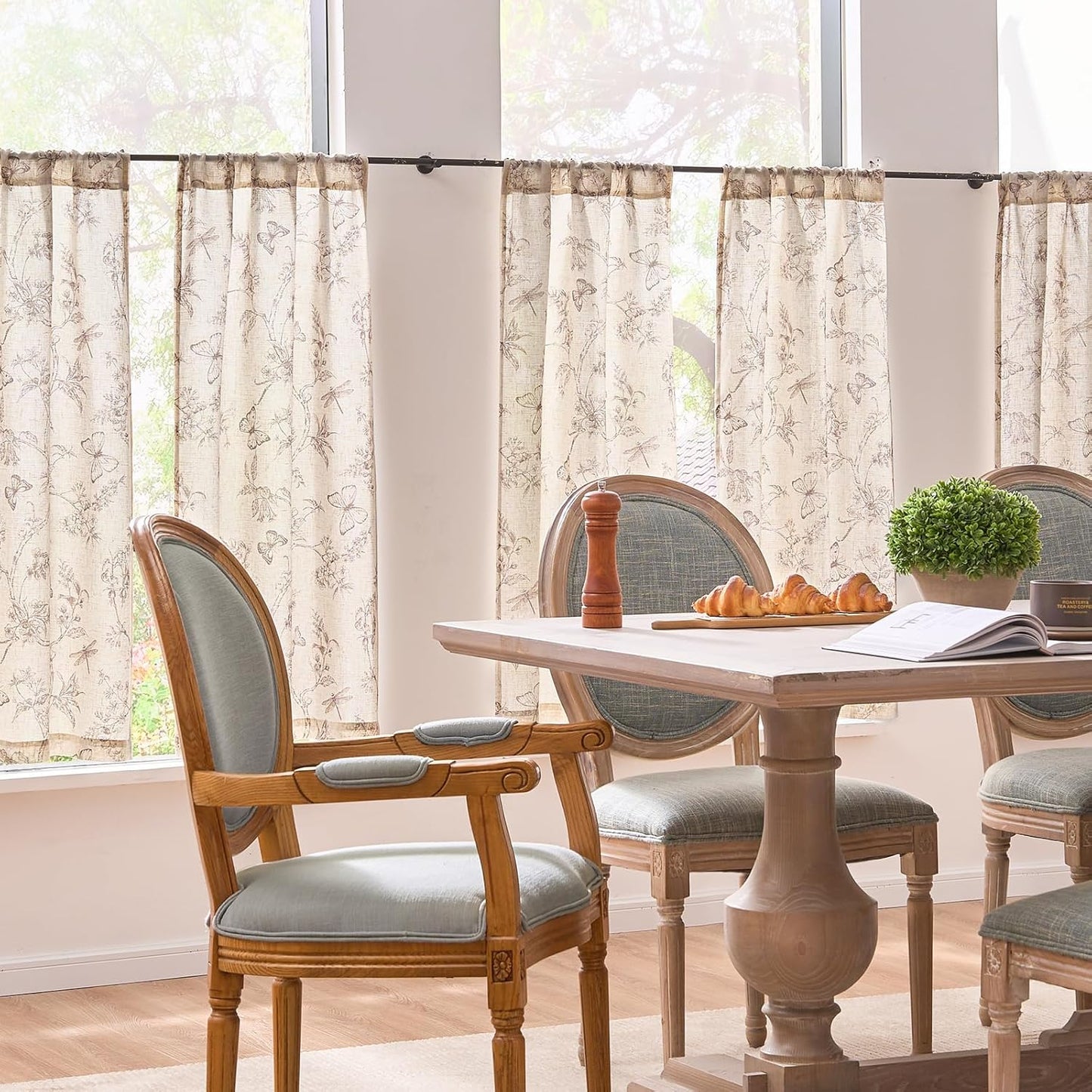 Floral Kitchen Curtains for Windows 36 Inch Farmhouse Country Linen Tier Curtains, Botanic Small Window Drapes, Rod Pocket Rustic 2 Panels Tan on Beige