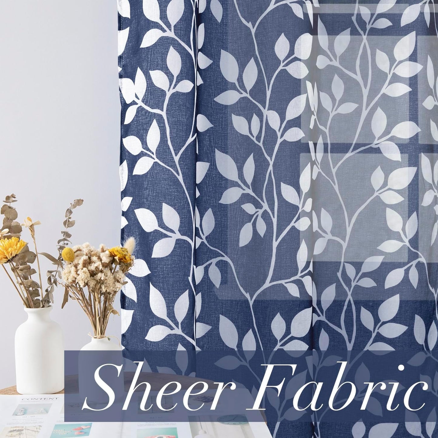 Navy Blue Pattern Curtains 84 Inch Length for Living Room 2 Panels Set,Leaf Floral Design Sheer Curtains