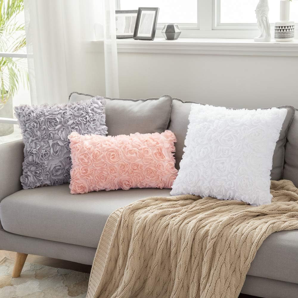 3D Decorative Romantic Rose Flower Throw Pillow Cover Solid 12X20 Inch Peach Pink