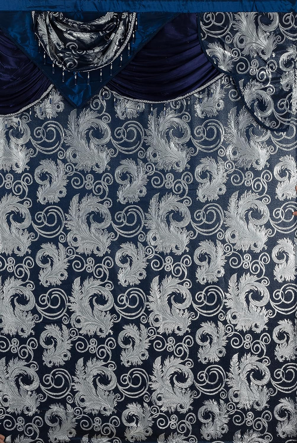 Jacquard Luxury Window 2 Panel Set Navy Curtain with Attached Valance and Backing, 55X84 Inches