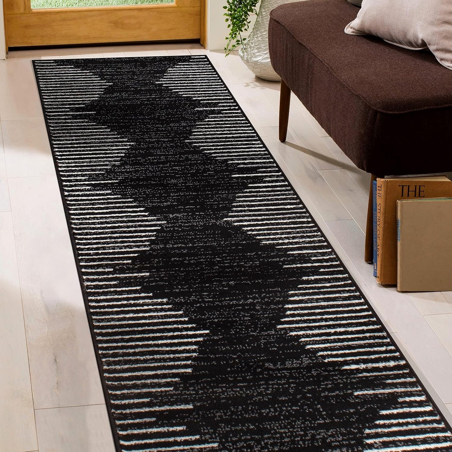 Bohemian Stripe Stain Resistant High Traffic Living Room Kitchen Bedroom Dining Home Office Runner Rug 2' X 7' Black