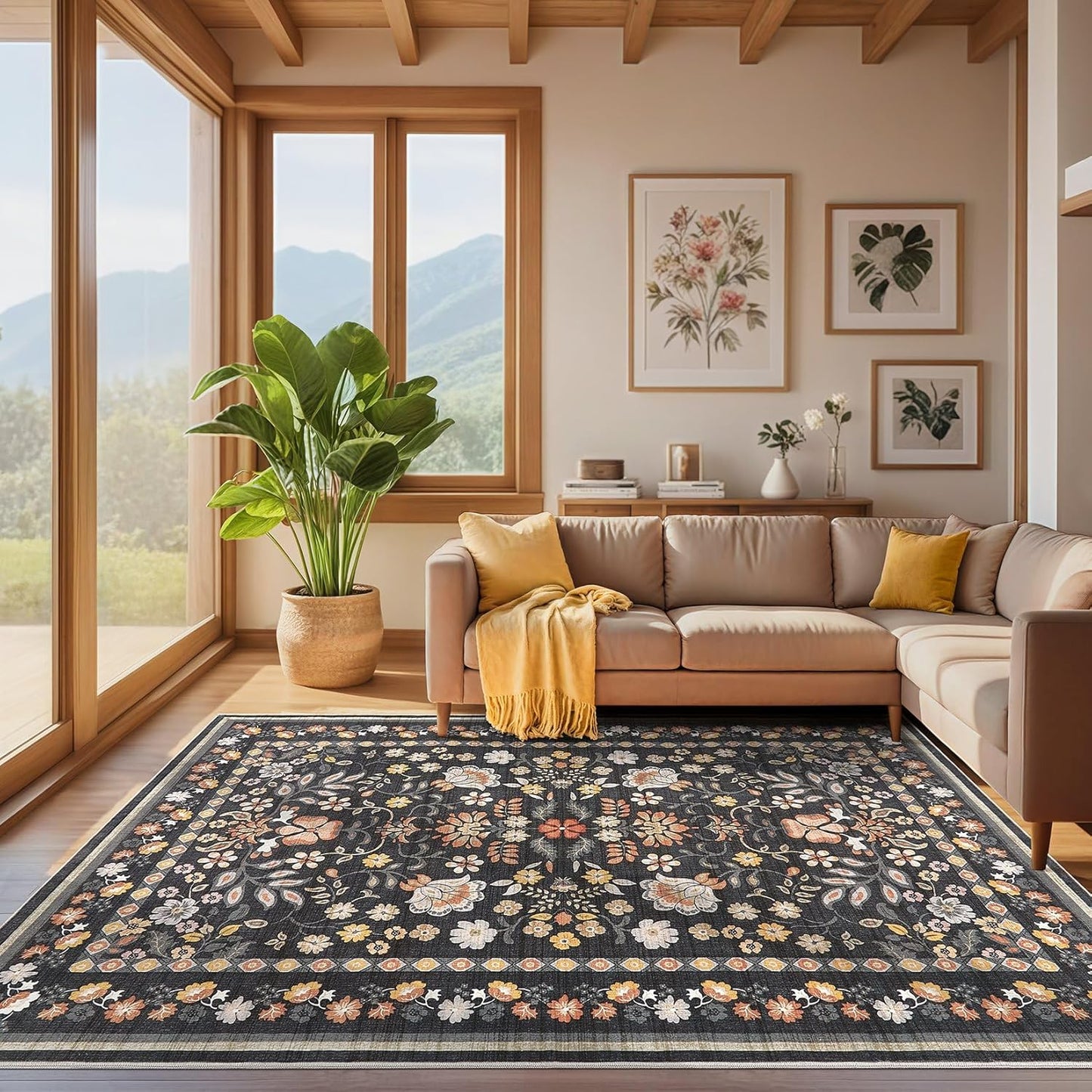 5X7 Area Rug Living Room Rugs - Washable Boho Vintage Floral Large Soft Non-Slip Thin Rug Low Pile Carpet- Black Grey