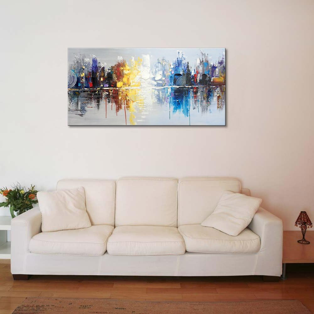 Hand-Painted Textured City Oil Painting on Canvas Reflection Abstract Cityscape Wall Art for Decor