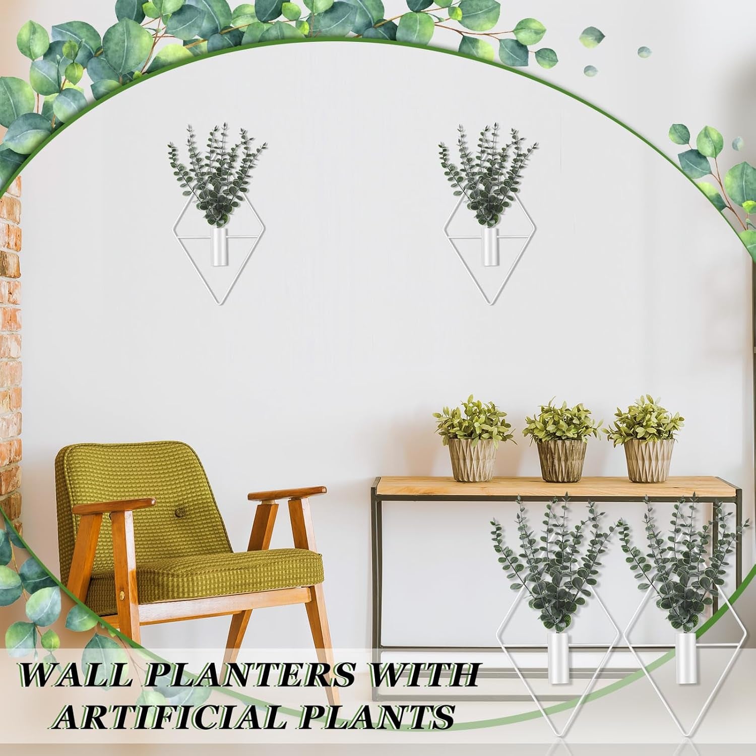 Hanging Planters with Artificial Eucalyptus, Metal Hanging Vase Indoor Plants, Modern Wall Decor (White,4 Pcs)