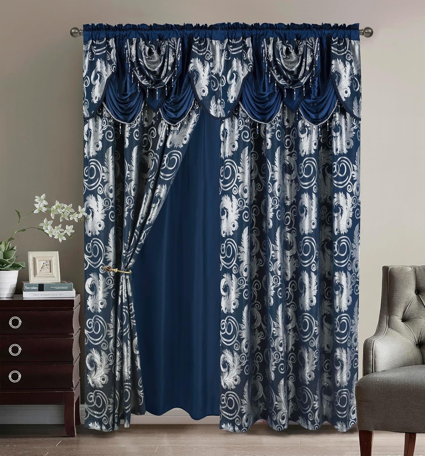 Jacquard Luxury Window 2 Panel Set Navy Curtain with Attached Valance and Backing, 55X84 Inches