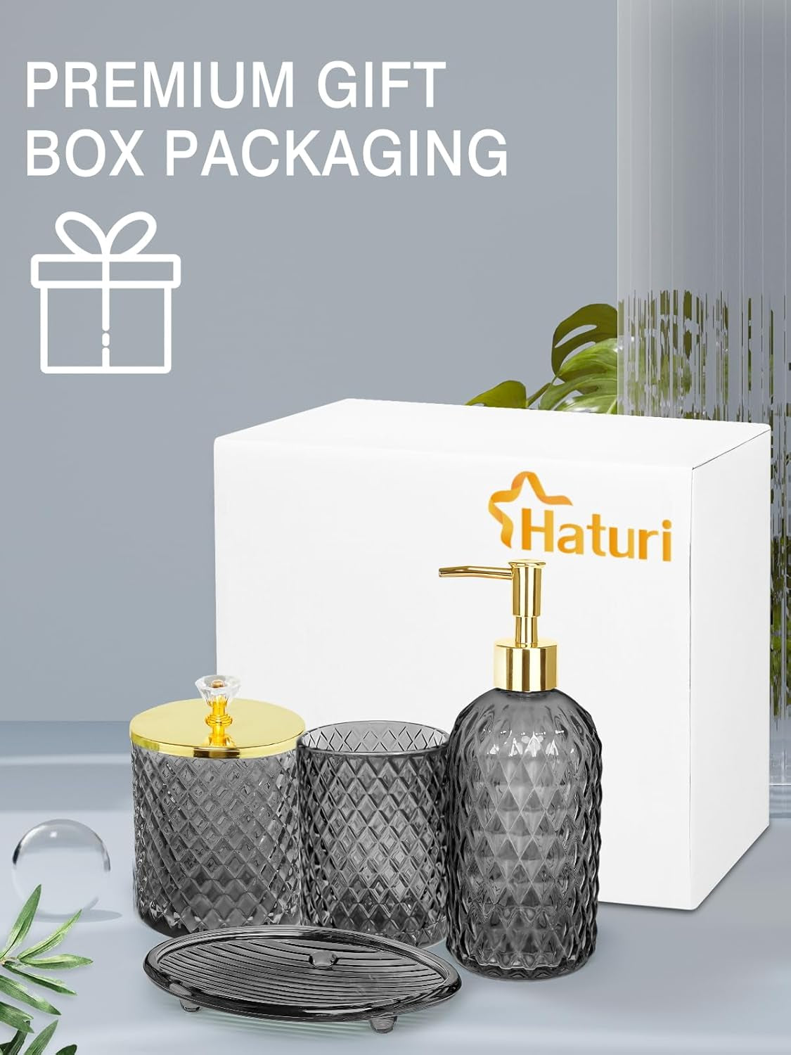 Gray Glass Bathroom Accessories Set, 4-Piece, Elegant Gold