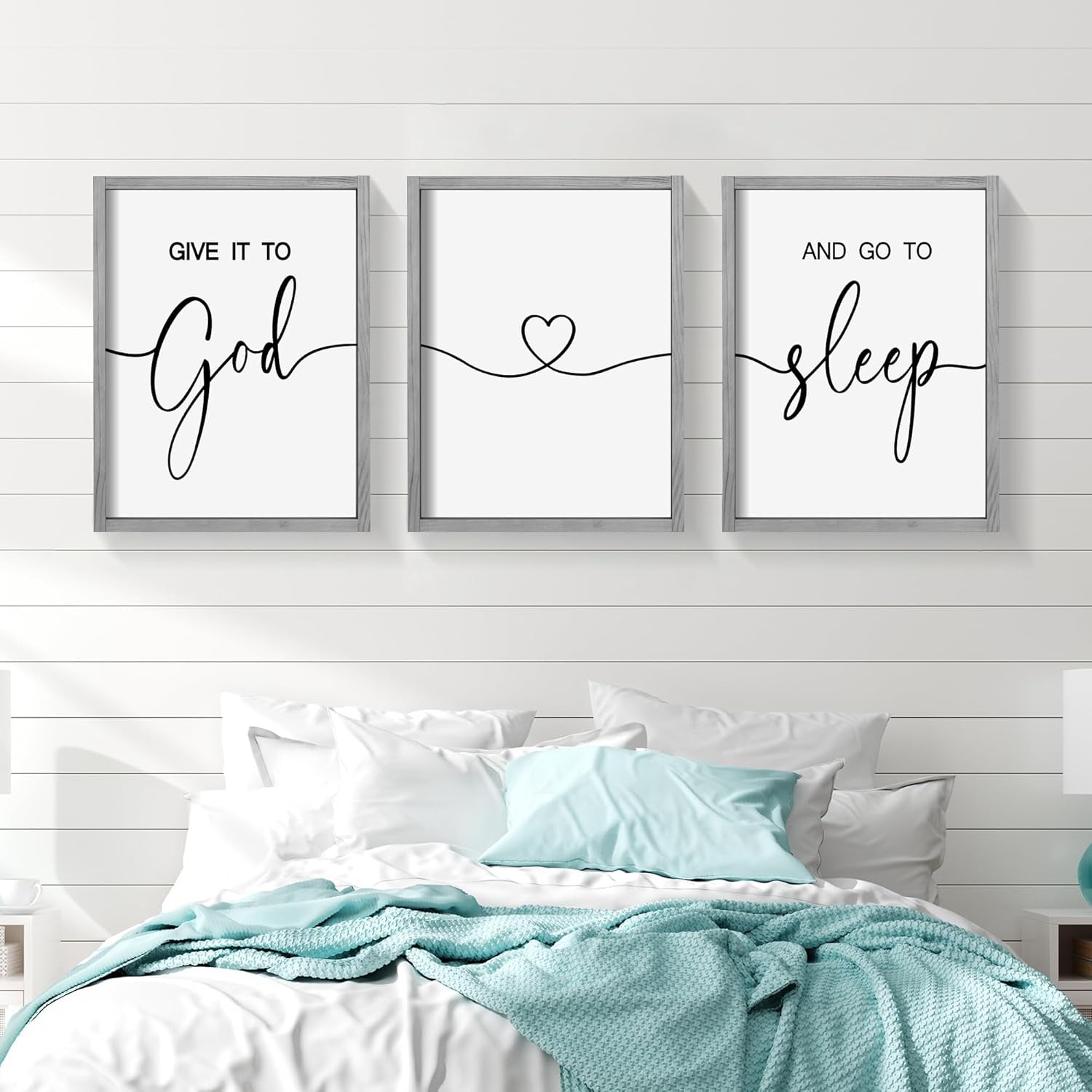 Give It to God and Go to Sleep Sign Set of 3 Wall Decor, Wood Framed (Gray, 11”X14”)