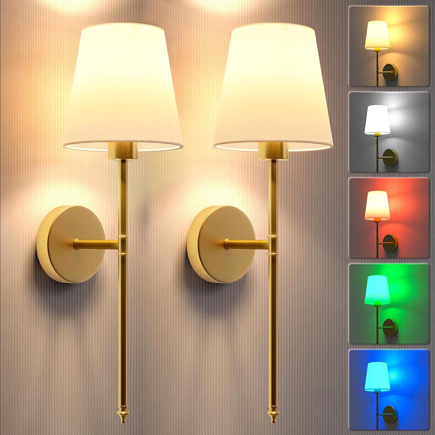 Gold Wall Lights, Battery Operated Set of 2, with Remote