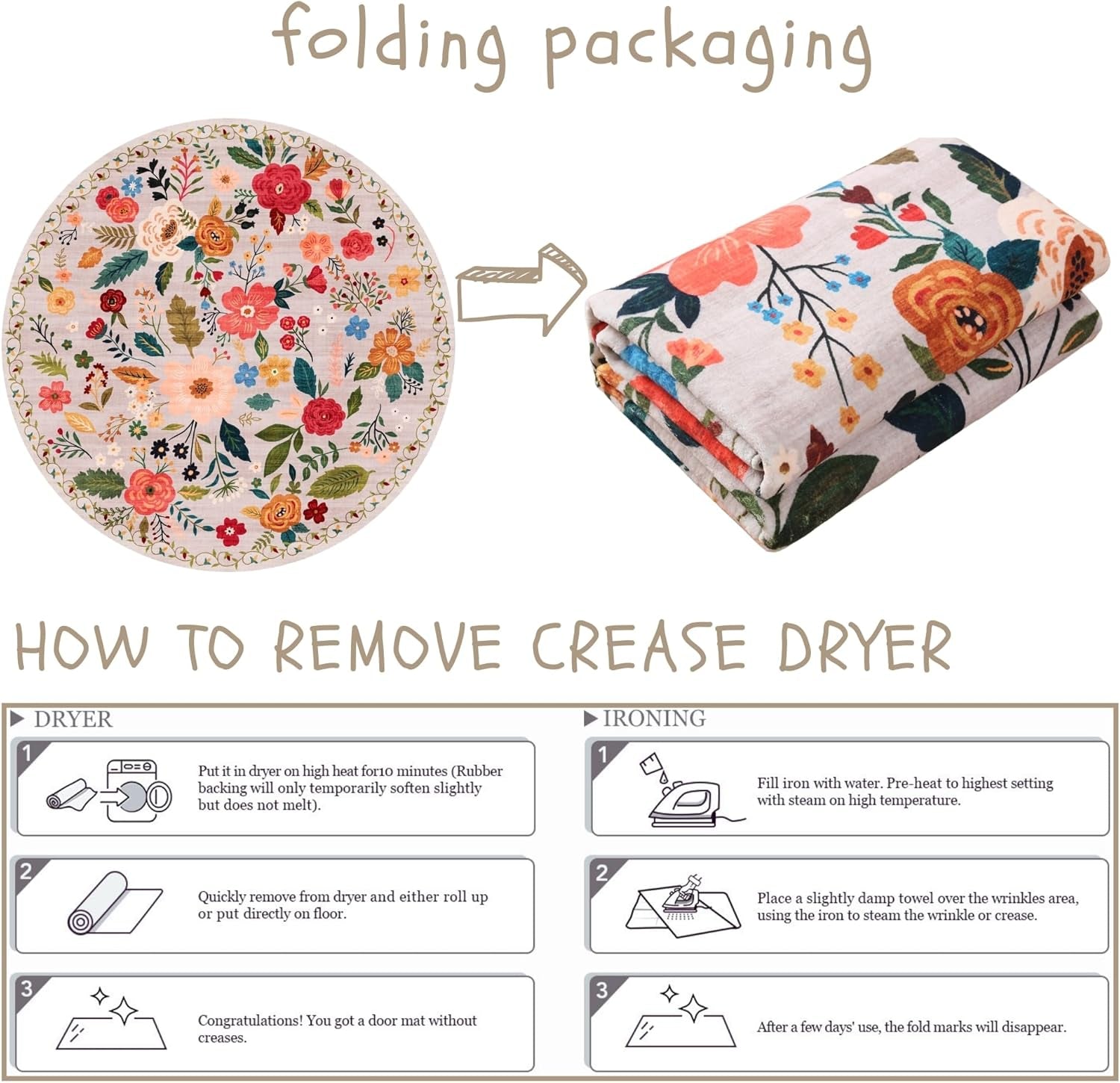 Round Rug 6Ft, Washable Circle Rug Non-Slip, Low Pile Boho Floral Small Circular Rug (Beige)